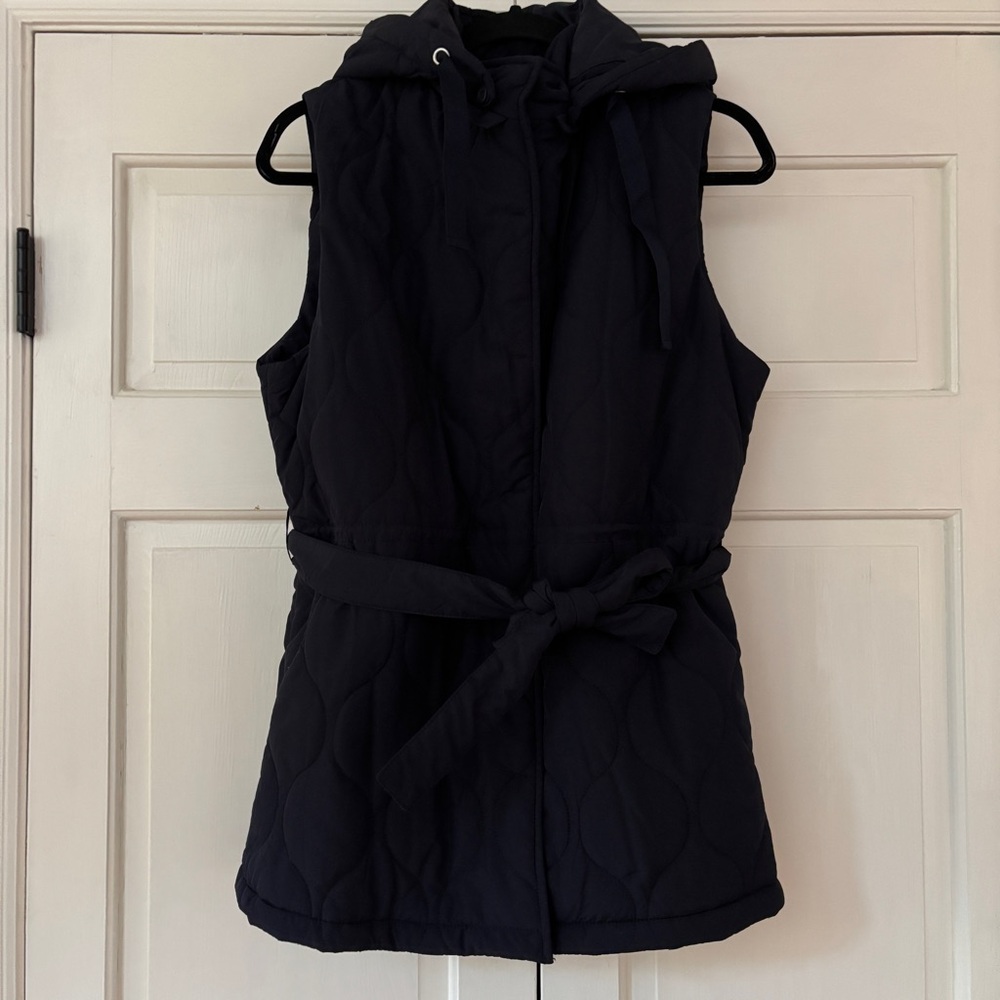 Poetry Navy Blue Hooded Quilted Belted Longline Puffer Vest Size 14